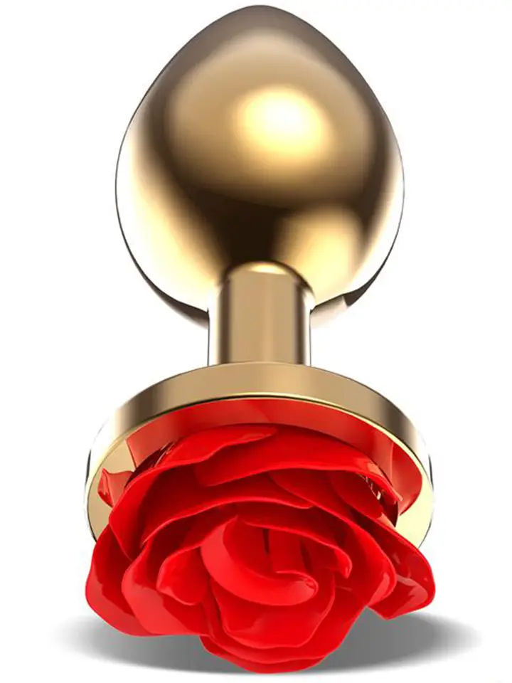 Golden Metal Anal Plug With Red Rose Medium Analplugg metall