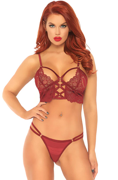Lace Bralette With Sheer Thong Burgundy S/M Sexiga underkläder