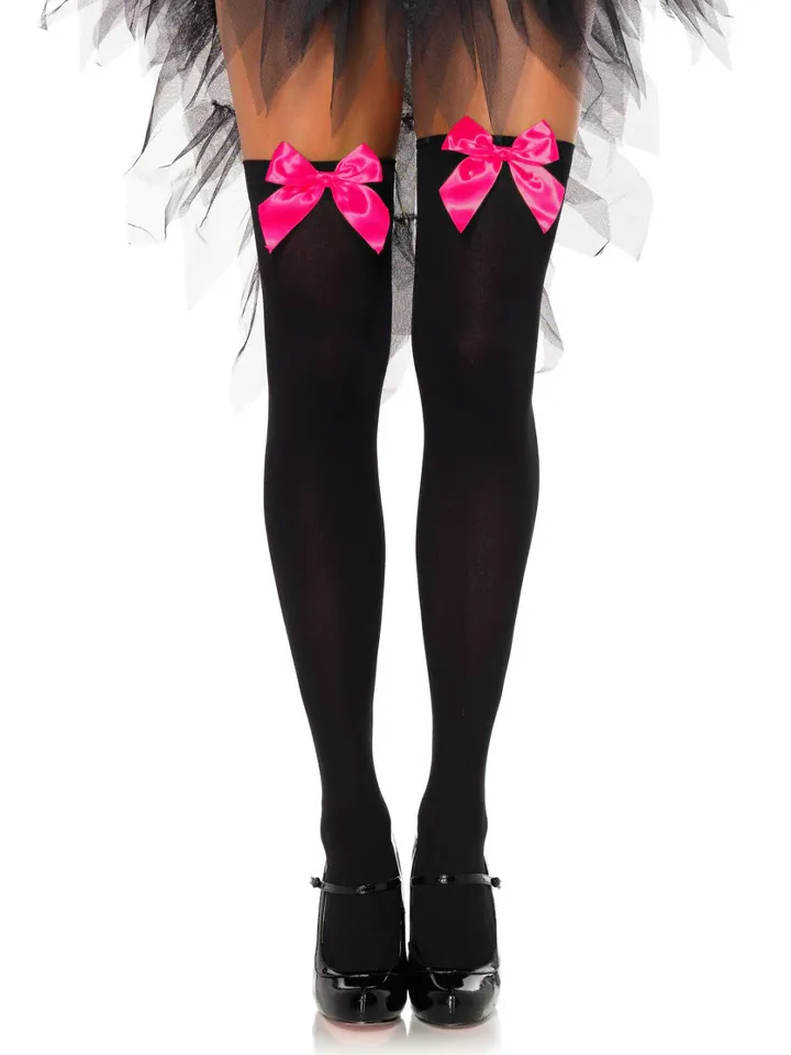 Nylon Thigh Highs With Bow Black/Pink O/S Strumpor