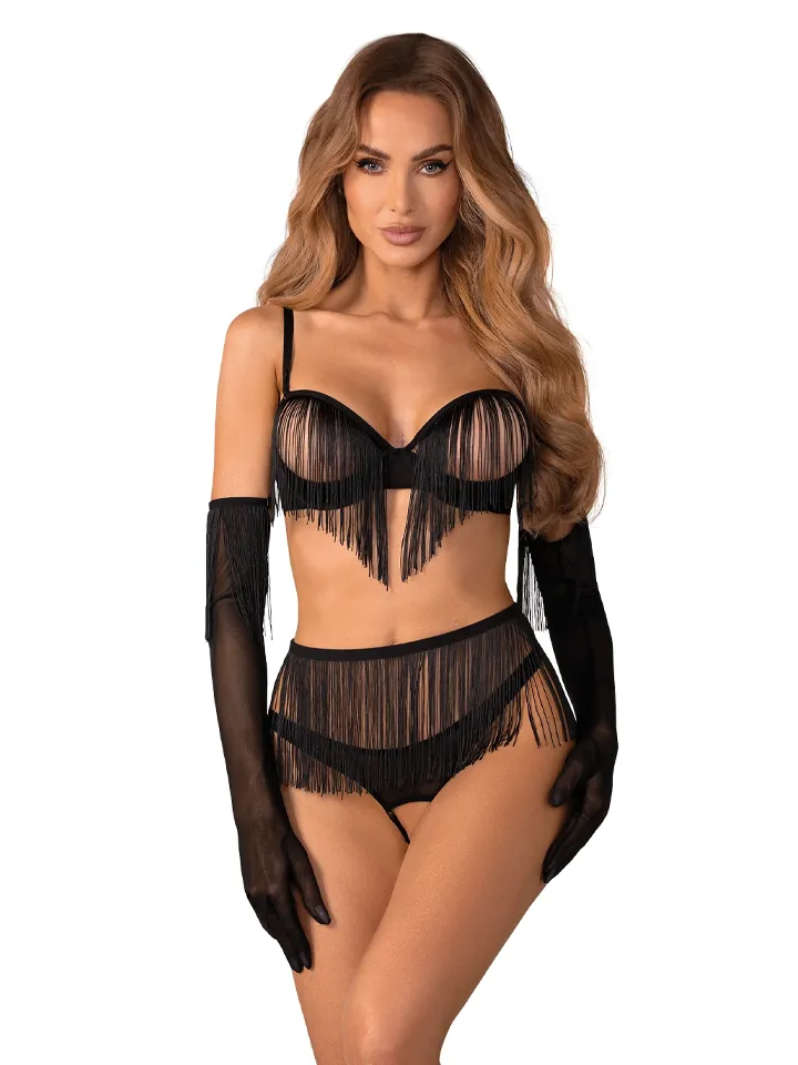 Obsessive Rossay 4-pcs Crotchless Set Black S/M Underklädesset