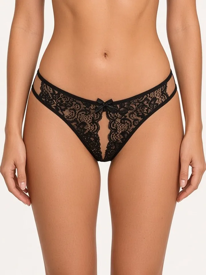 Open Crotch Lace Bow Panty Black M Trosor med öppen gren