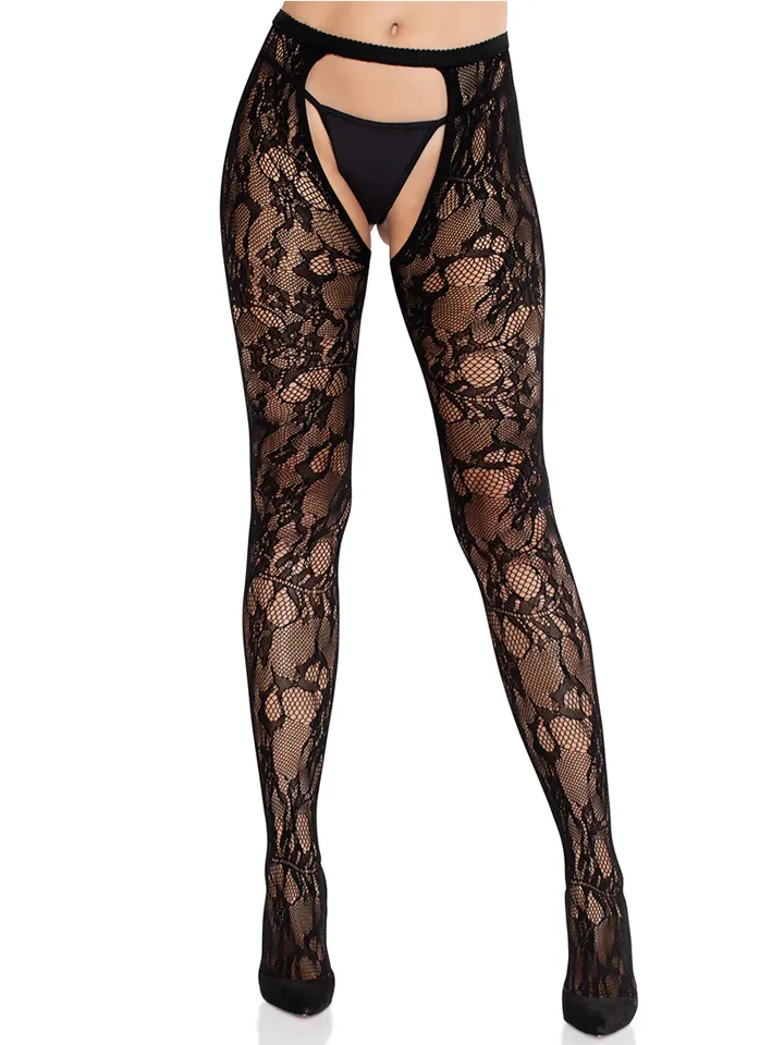 Rose Lace Crotchless Tights With Open Back Black O/S Sukkahousut