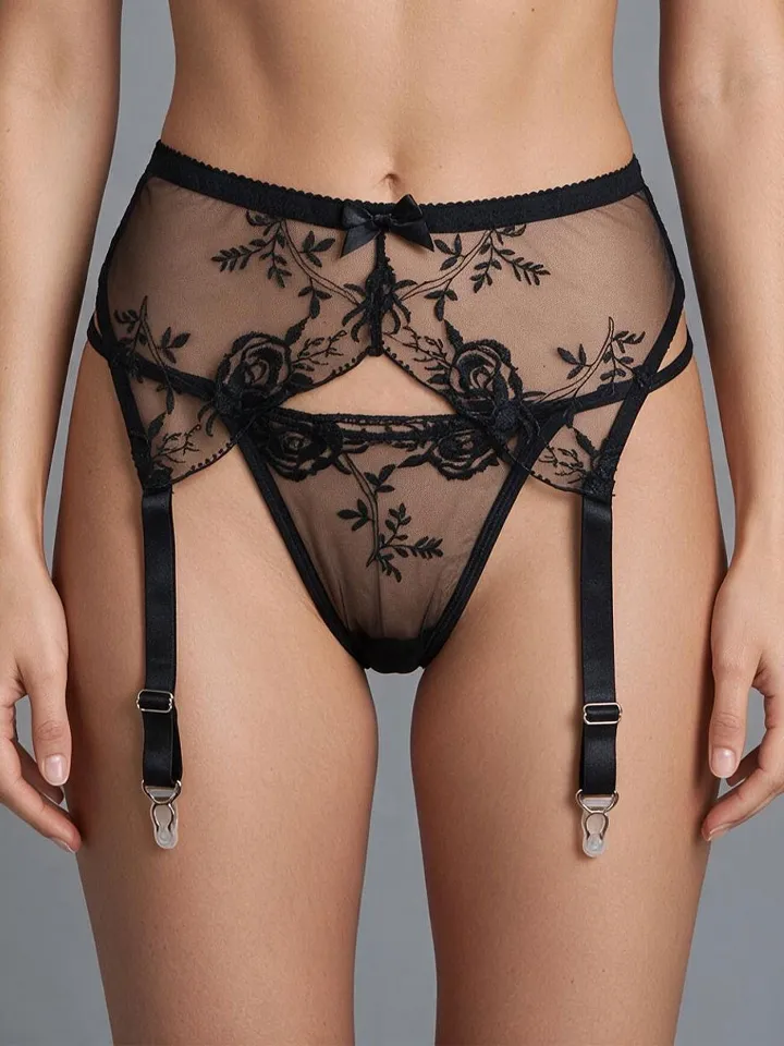 Sexy Embroidery Lace Garter Panty Black L Strumpebandshållare