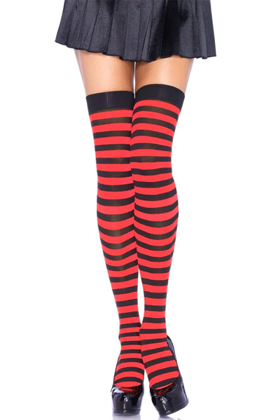 Striped Nylon Thigh Highs Black/Red O/S Stay-ups