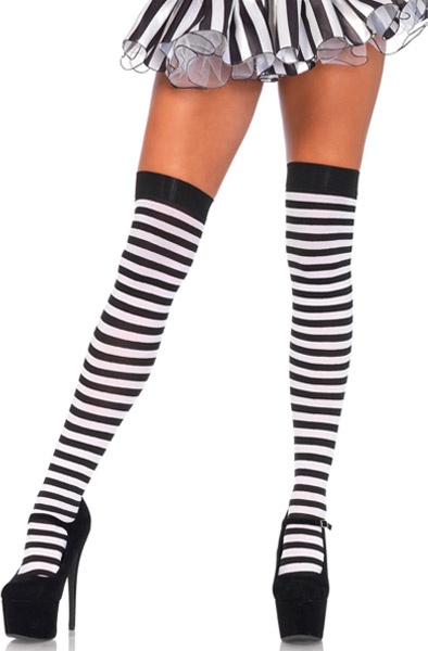 Striped Nylon Thigh Highs Black/White O/S Stay-ups
